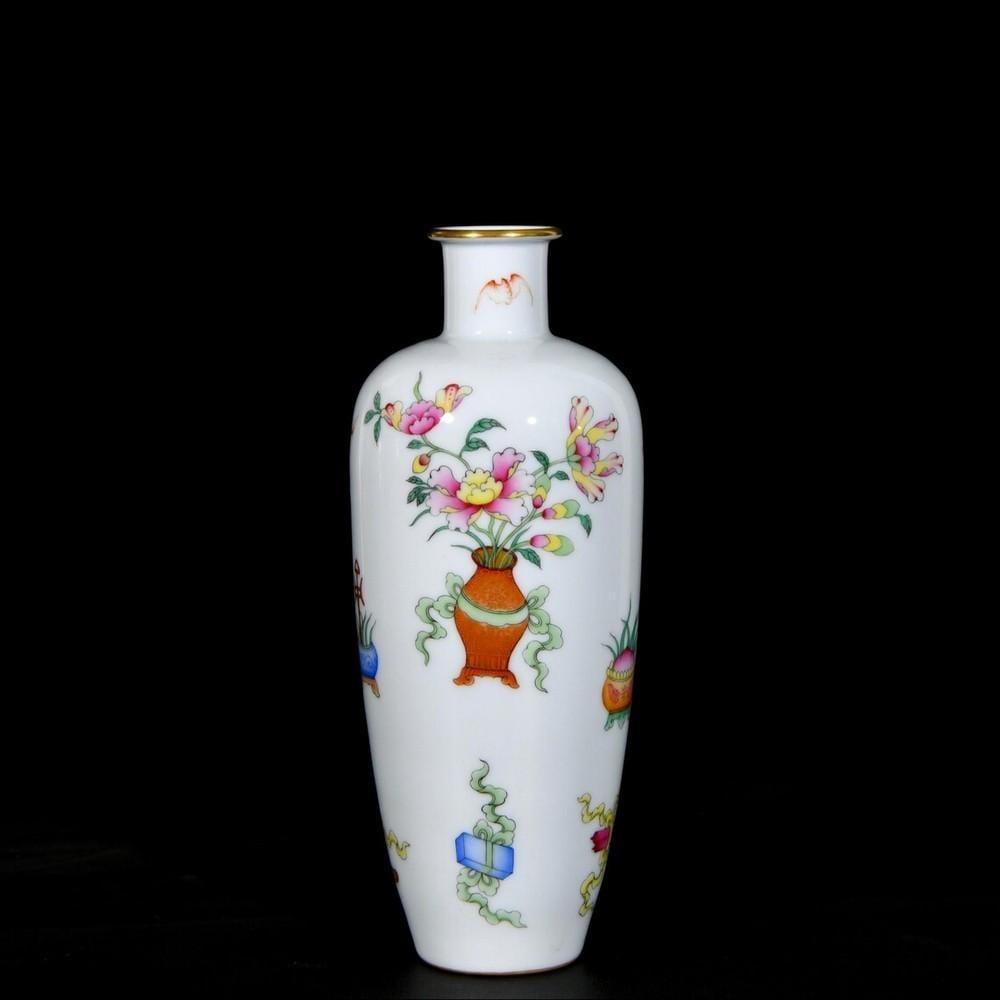 Chinese Antique Hand-Painted Enamel Plum Vase with Ancient Pattern Design: Chinese Antique Hand-Painted Enamel Plum Vase with Ancient Pattern Design This elegant Chinese antique plum vase showcases masterful hand-painted enamel work featuring intricate ancient patterns. A ha