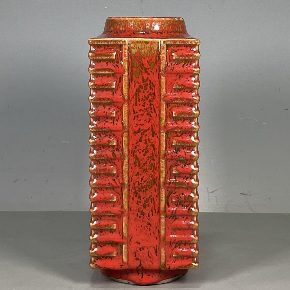 Chinese Style Square Cong Vase with Bright Red Glaze (1 of 6)