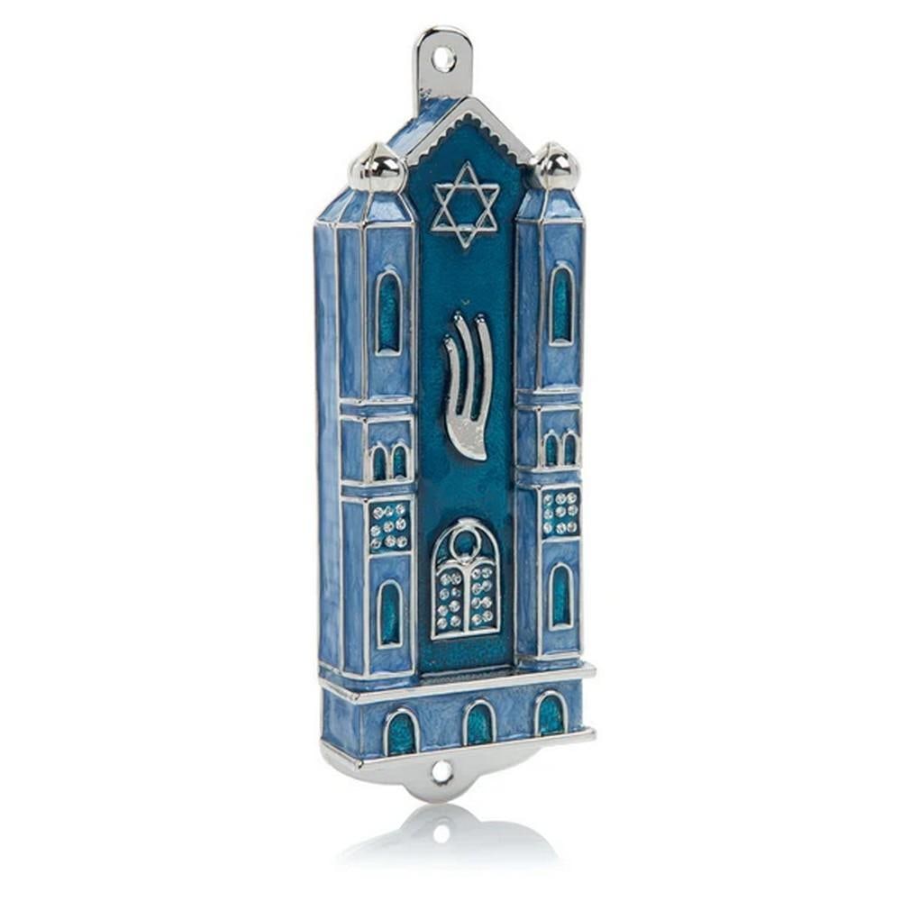 Blue Holy Ark-Style Mezuzah: Blue Holy Ark-Style Mezuzah Add a touch of modern sophistication to your home with the Blue Holy Ark-Style Mezuzah. Crafted from pewter and plated with 925 silver, this mezuzah beautifully combines tr