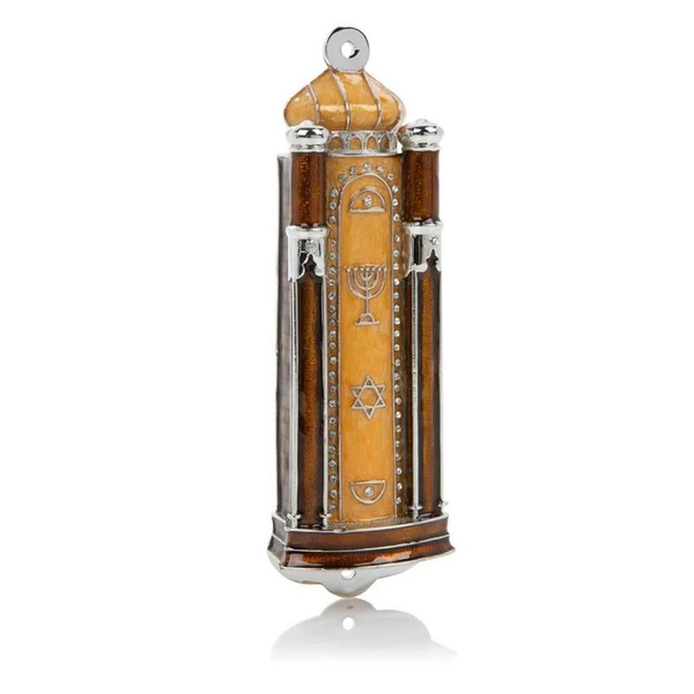 Brown Modern Holy Ark Mezuzah: Brown Modern Holy Ark Mezuzah Add a sophisticated touch to your home with the Brown Modern Holy Ark Mezuzah. Crafted from pewter and plated with 925 silver, this mezuzah merges traditional meaning wit