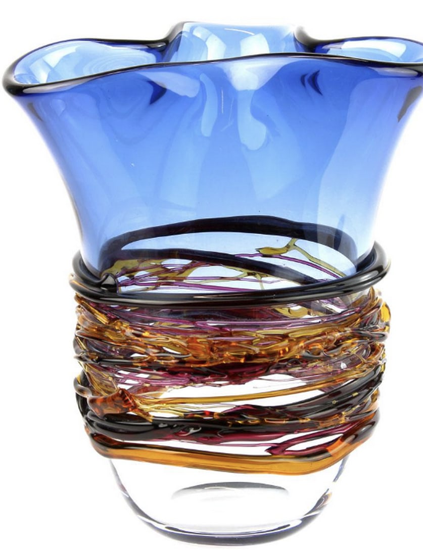 Califfo Exclusive Blue Glass Vase from Original Murano Glass: Califfo Exclusive Blue Glass Vase from Original Murano Glass This handmade blown vase features transparent and blue glass, crafted using a unique Murano technique. Its style and colors make it perfect
