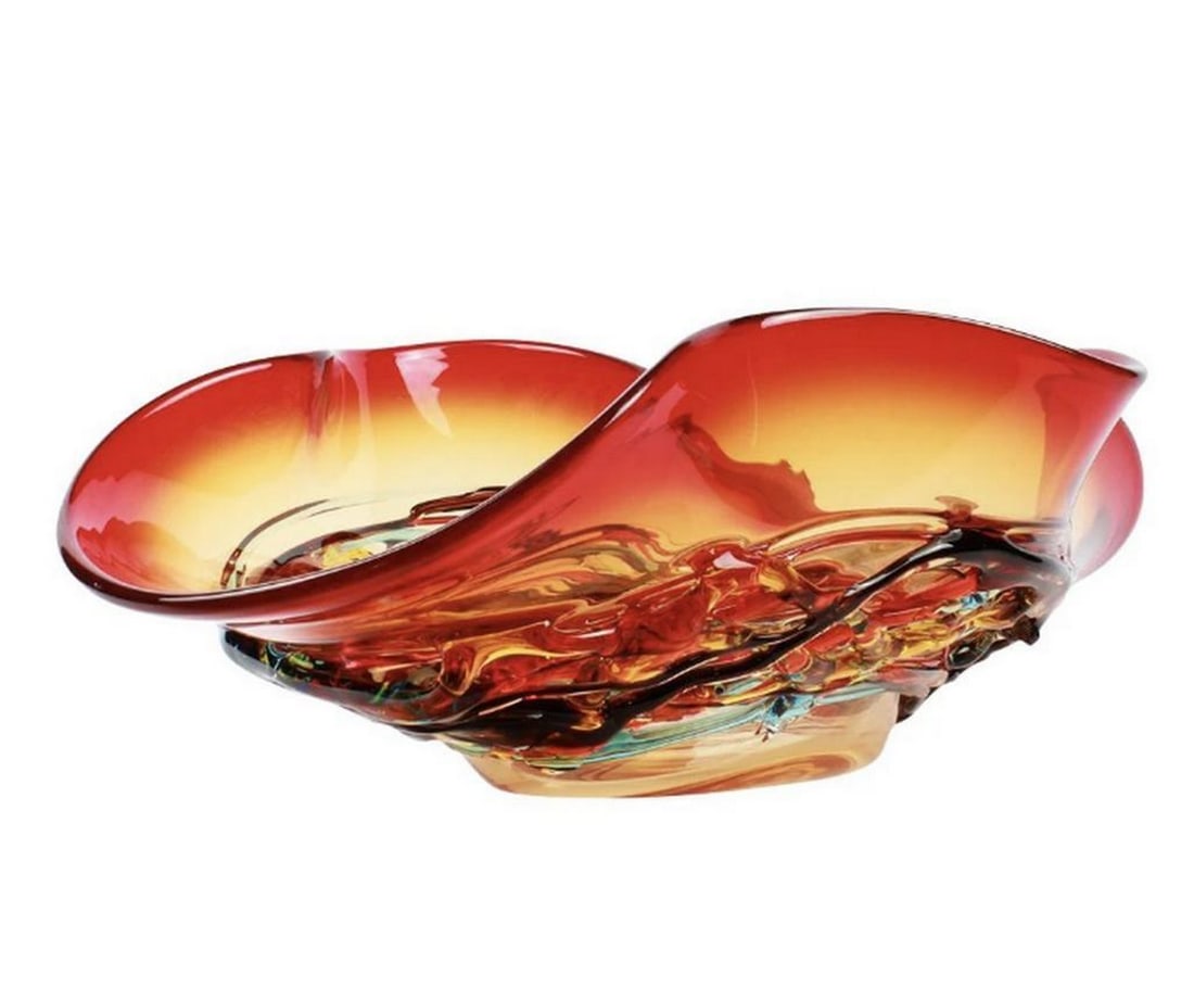 Sombrero Red Venetian Murano Glass Centerpiece Bowl: Sombrero Red Venetian Murano Glass Centerpiece Bowl A striking decorative piece. It features a vibrant red color with swirls of yellow and orange near the brim, transitioning to a multicolored pattern