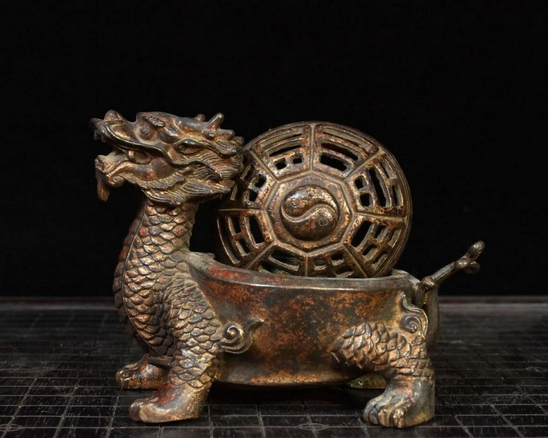 Chinese Antique Handcrafted Pure Copper Bagua Dragon Turtle Incense Burner: Chinese Antique Handcrafted Pure Copper Bagua Dragon Turtle Incense Burner This handcrafted incense burner is made from pure copper and features a Bagua design with a dragon turtle motif. The piece de
