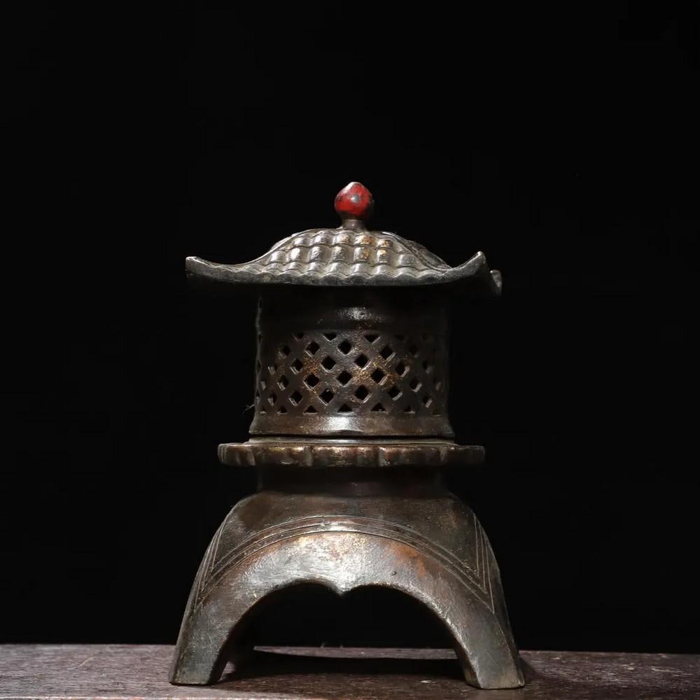 Rare Pure Copper Pavilion Incense Burner with Rubbing Gold Finish: Rare Pure Copper Pavilion Incense Burner with Rubbing Gold Finish This exquisite and rare Chinese antique incense burner is handcrafted from pure copper and enhanced with a refined rubbing gold finish