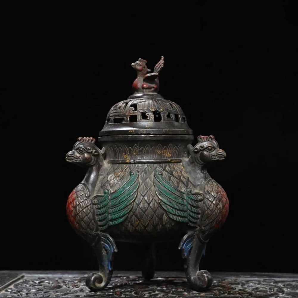 Chinese Antique Handmade Pure Copper Phoenix Incense Burner: Chinese Antique Handmade Pure Copper Phoenix Incense Burner An exquisite and rare Chinese antique incense burner, meticulously handcrafted from pure copper and adorned with cloisonné enamel. Shaped l