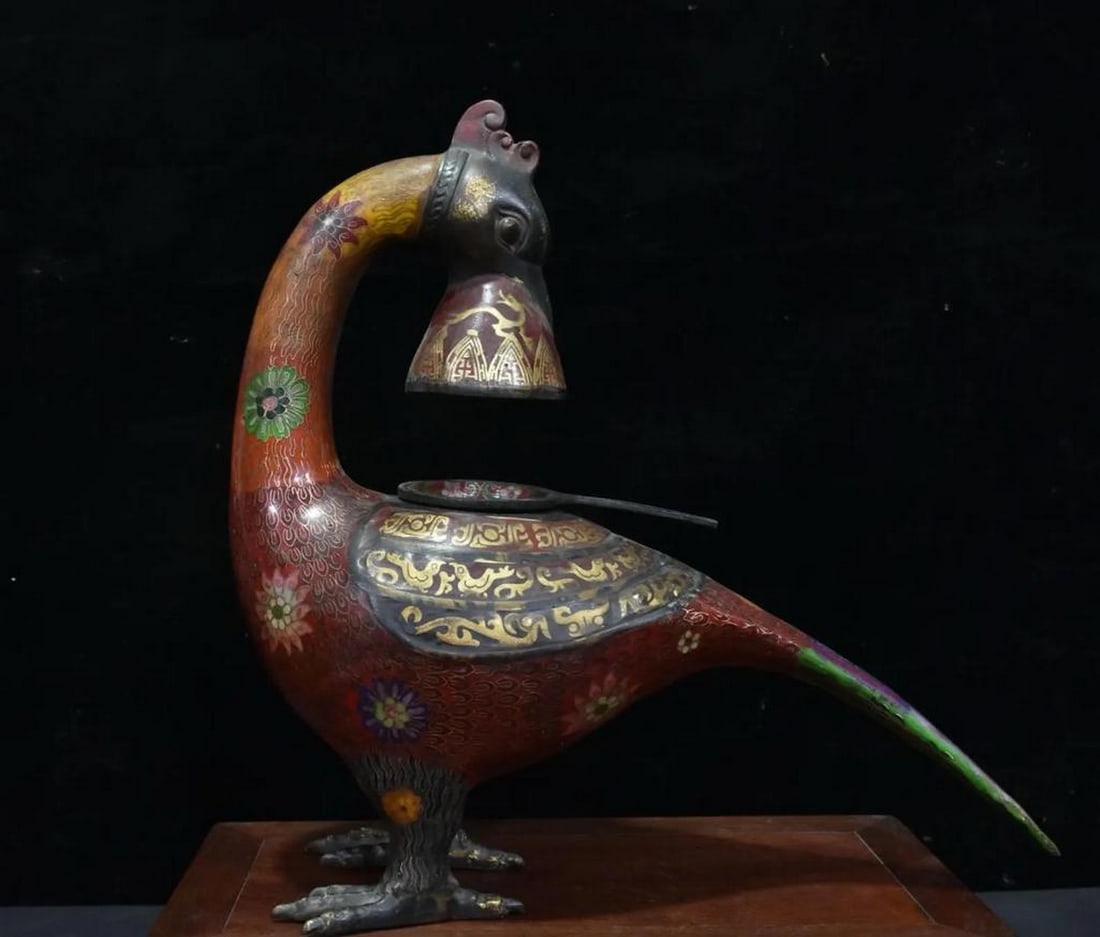 Chinese Antique Handmade Pure Copper Cloisonné Phoenix Lamp Holder (1 of 5)