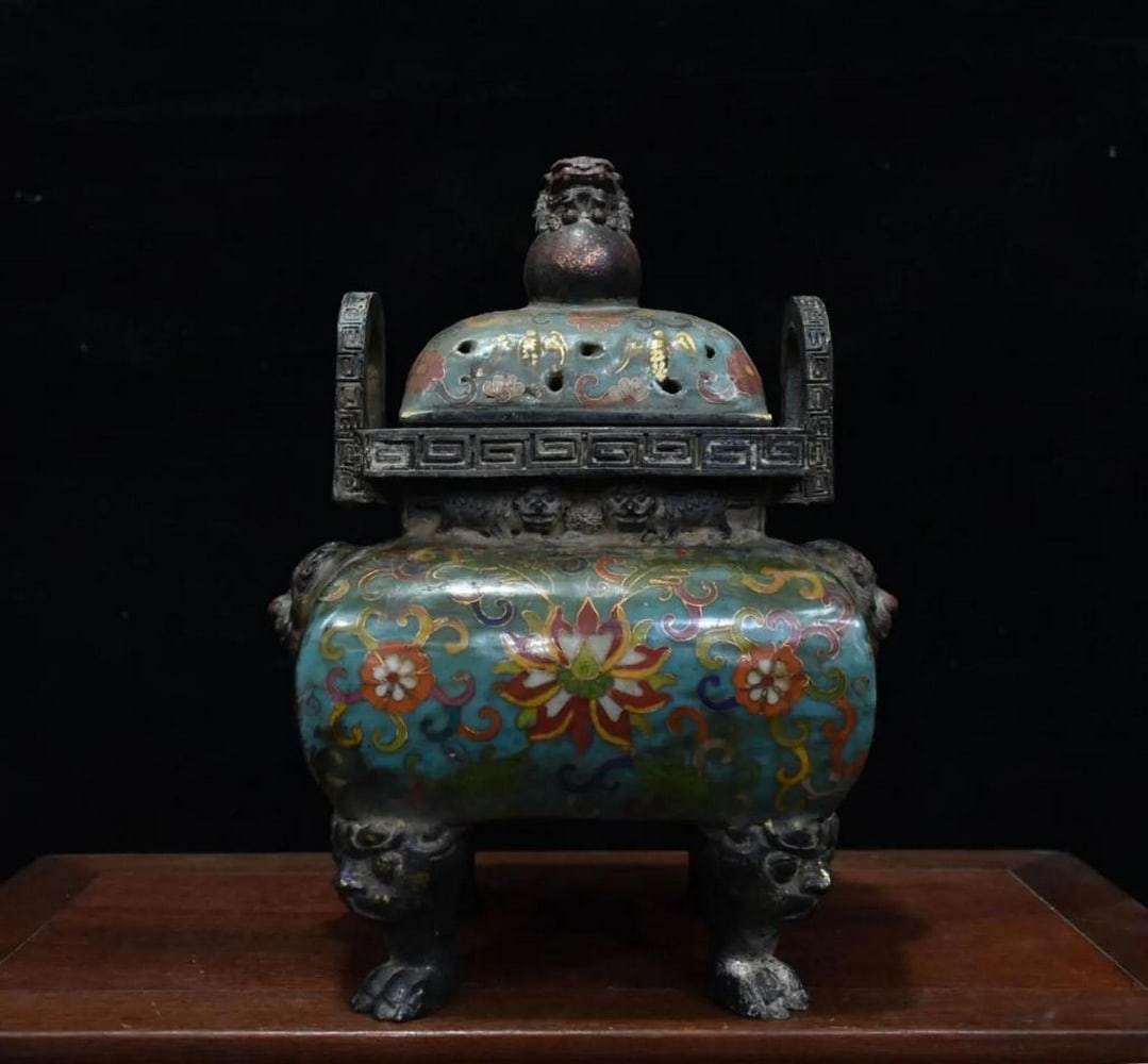 Chinese Antique Handmade Pure Copper Cloisonné Lion-Head Incense Burner (1 of 5)