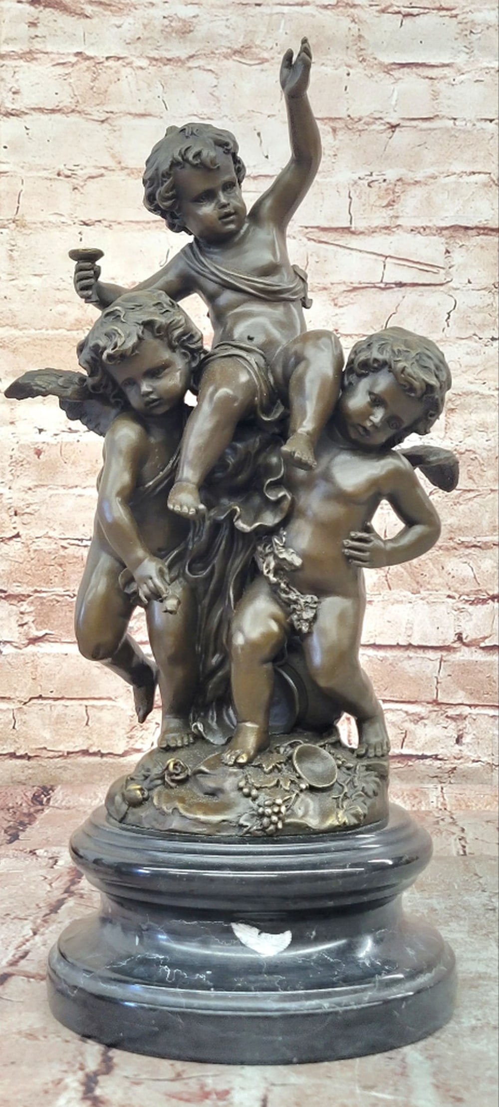 Three Cherubs Bronze Sculpture - Putti Angel Group by Moreau - 16" x 8.5": Three Cherubs Bronze Sculpture - Putti Angel Group by Moreau - 16" x 8.5" This charming bronze sculpture features three playful cherubs, also known as putti angels, gathered together in a beautifully 