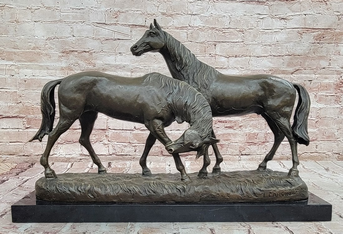 Horse Wild Stallion Bronze Sculpture on Marble Base, Carvin Signature – 14" x 21.5": Horse Wild Stallion Bronze Sculpture on Marble Base, Carvin Signature – 14" x 21.5" This bronze sculpture depicts a wild stallion in motion, mounted on a marble base. The piece features deta