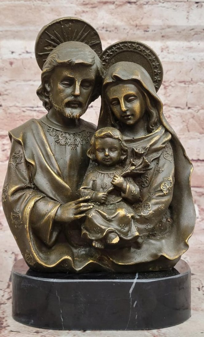 Bronze Holy Family Sculpture by Valli – Sacred Family of Jesus, Mary & Joseph – 9.5" x 6": Bronze Holy Family Sculpture by Valli – Sacred Family of Jesus, Mary & Joseph – 9.5" x 6" This beautifully handcrafted bronze sculpture by Valli portrays the Holy Family—Jesus, Mary,