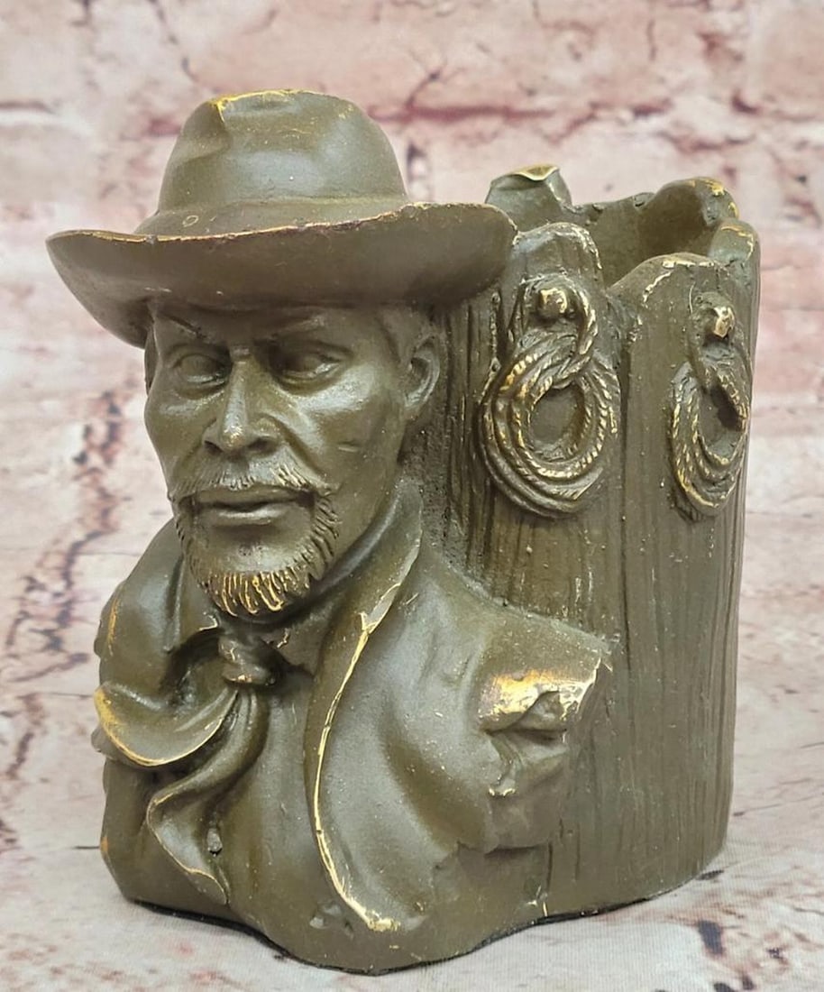 Frontier Focus" Original Bronze Cowboy Pen Holder by Anderson - 4.5" x 4: "Frontier Focus" Original Bronze Cowboy Pen Holder by Anderson - 4.5" x 4" Capture the spirit of the Old West with Frontier Focus, a handcrafted bronze sculpture by Anderson that doubl