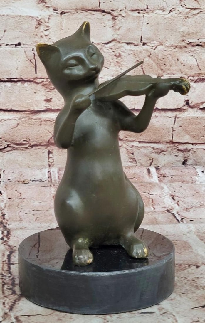 Signed Bronze Sculpture of a Cat Playing Music by Miguel Lopez (Milo) - 9.5" x 8": Signed Bronze Sculpture of a Cat Playing Music by Miguel Lopez (Milo) - 9.5" x 8" Celebrate the whimsical charm of music and feline grace with this delightful bronze sculpture by Miguel Lopez,