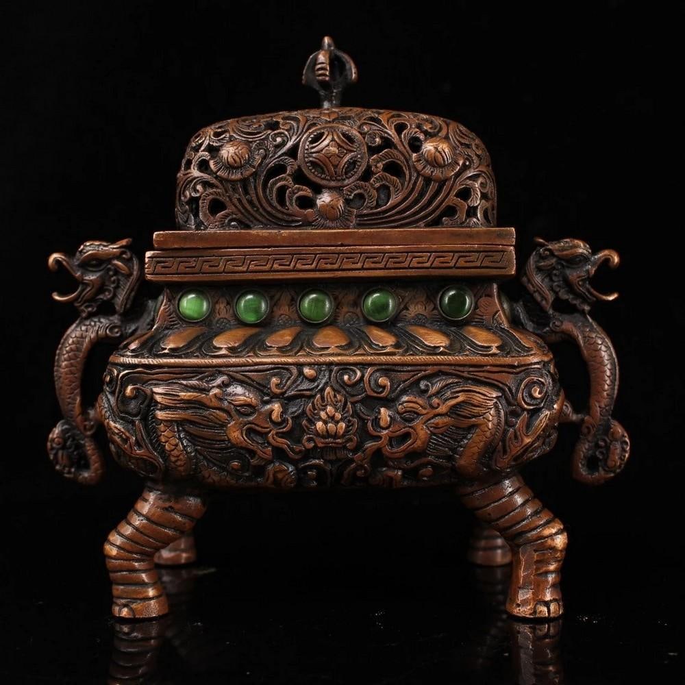 Hand-Carved Chinese Incense Burner – Old Collected Copper with Elephant Legs & Dragon Motif: Hand-Carved Chinese Incense Burner – Old Collected Copper with Elephant Legs & Dragon Motif Crafted from aged, collected copper, this unique Chinese incense burner showcases masterful hand-carvi