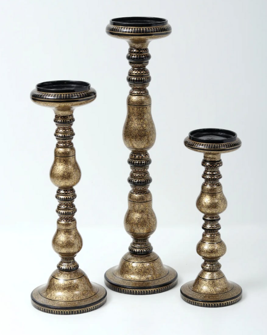 Set of 3 Wood-Based Superfine Papier Mache Candle Stands: Set of 3 Wood-Based Superfine Papier Mache Candle Stands A set of three handcrafted candle stands made using superfine papier mache on sturdy wood bases. The pieces vary in height—approximately 16.7