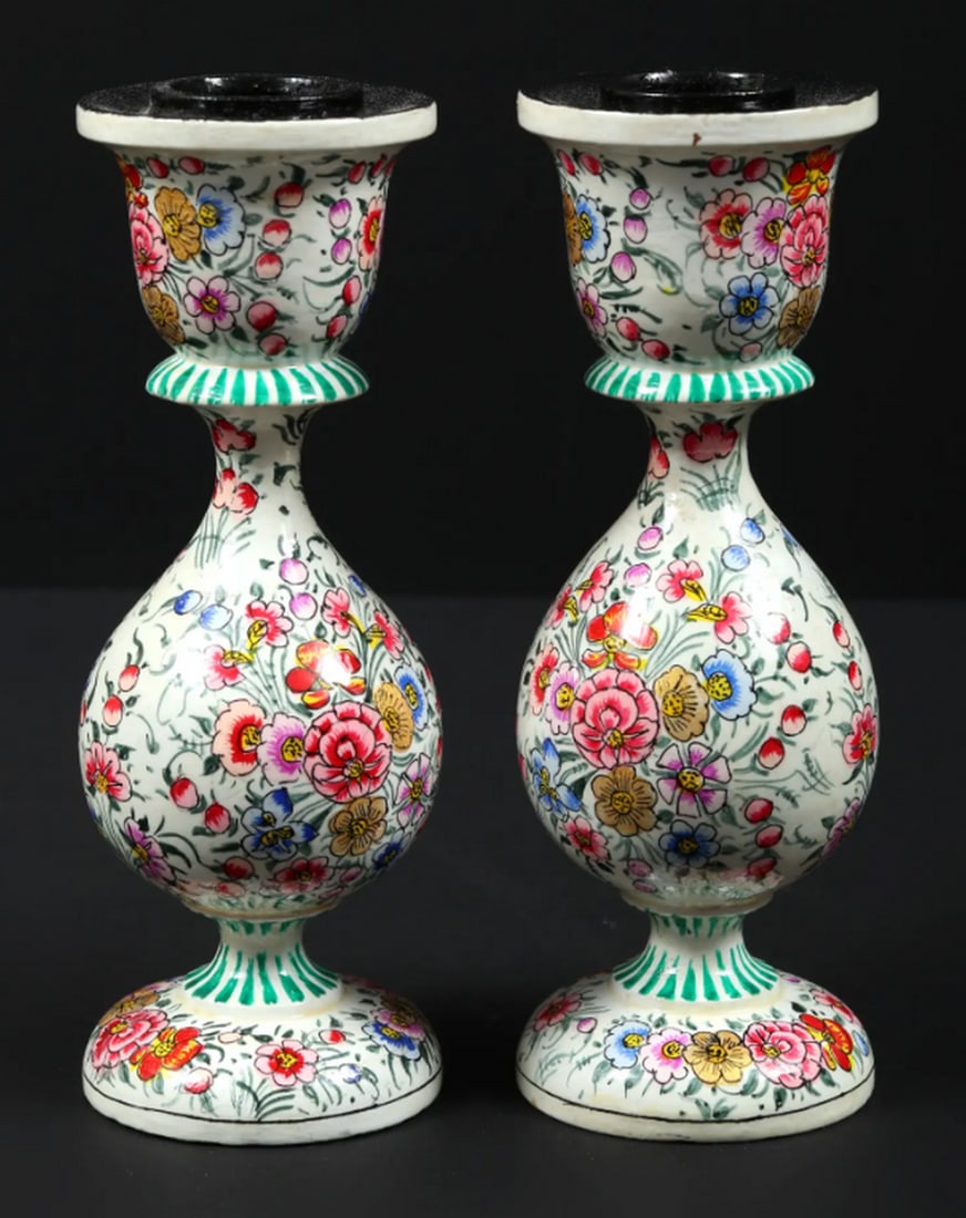 Pair of Hand-Painted Papier Mache Candle Holders from Kashmir – 6": Pair of Hand-Painted Papier Mache Candle Holders from Kashmir – 6" A pair of 6-inch hand-painted candle holders crafted from papier mache. Originating from Kashmir, these lightweight holders fea