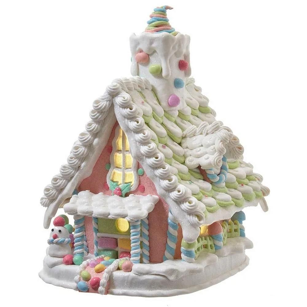 12.5-Inch Illuminated Pastel Gingerbread House: 12.5-Inch Illuminated Pastel Gingerbread House Brighten your holiday décor with this 12.5-Inch Battery-Operated Light Up Pastel Gingerbread House. This charming decoration features delightful