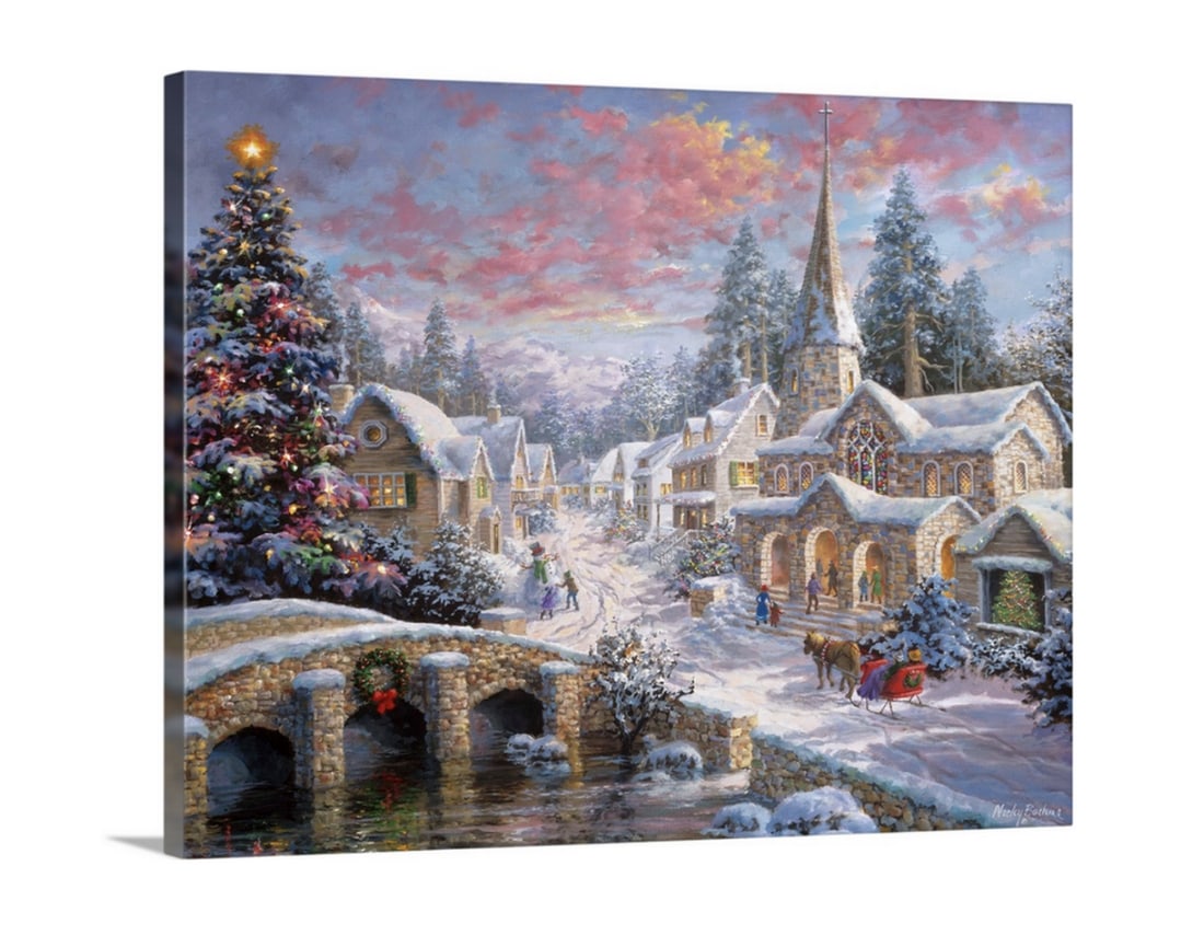 Festive Christmas Village Canvas Print: Festive Christmas Village Canvas Print Painting of village scene featuring a large Christmas tree. Product is a painting reproduction only, and does not contain actual lights. About the Artist Nicky