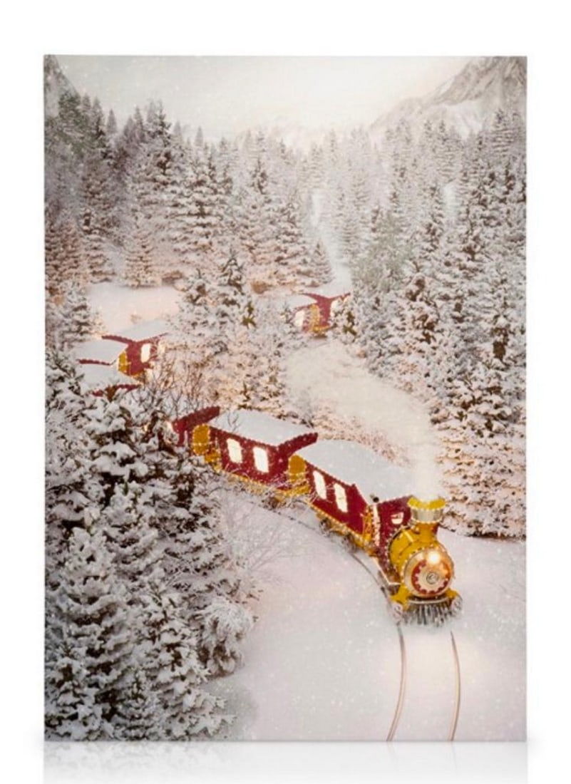 Holiday Train Through the Snow Canvas Reproduction: Holiday Train Through the Snow Canvas Reproduction This canvas depicts a red & gold train with steam coming out of it making its way through the snowy tracks through the snow covered evergreens. D