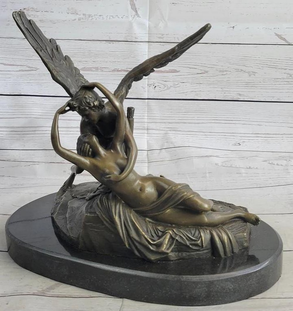 Psyche Revived by Cupid's Kiss Inspired Bronze Sculpture on Marble Base by Riche - 11" x 12.5": Psyche Revived by Cupid's Kiss Inspired Bronze Sculpture on Marble Base by Riche - 11" x 12.5" This exquisite bronze sculpture, titled "Psyche Revived by a Cupid's Kiss," captu