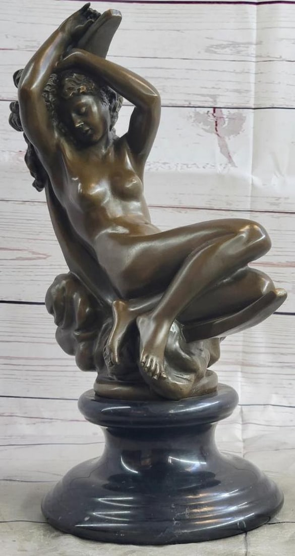 Moonlit Elegance: 'Diana on A Crescent Moon' S. Denecheau Inspired Bronze Sculpture - 14" x 10": Moonlit Elegance: 'Diana on A Crescent Moon' S. Denecheau Inspired Bronze Sculpture - 14" x 10" This remarkable bronze sculpture, proudly bearing the signature of S. Denechau, stands a