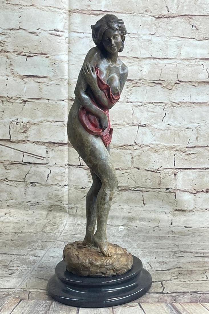 Signed Original Nude Female Covering Her Body Bronze Sculpture - 15" x 6": Signed Original Nude Female Covering Her Body Bronze Sculpture - 15" x 6" Standing provocatively with nothing covering her sexy body. The woman has her head tilted backward with her arms follo
