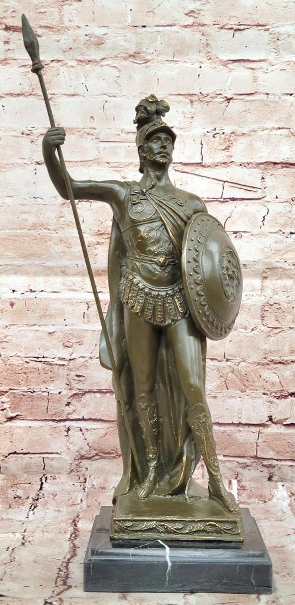 Roman Legionnaire with Javelin and Shield Bronze Sculpture by Drout - 18" x 7": Roman Legionnaire with Javelin and Shield Bronze Sculpture by Drout - 18" x 7" The Roman Legionnaire with Javelin and Shield by Drout is a commanding bronze sculpture that captures the discipl