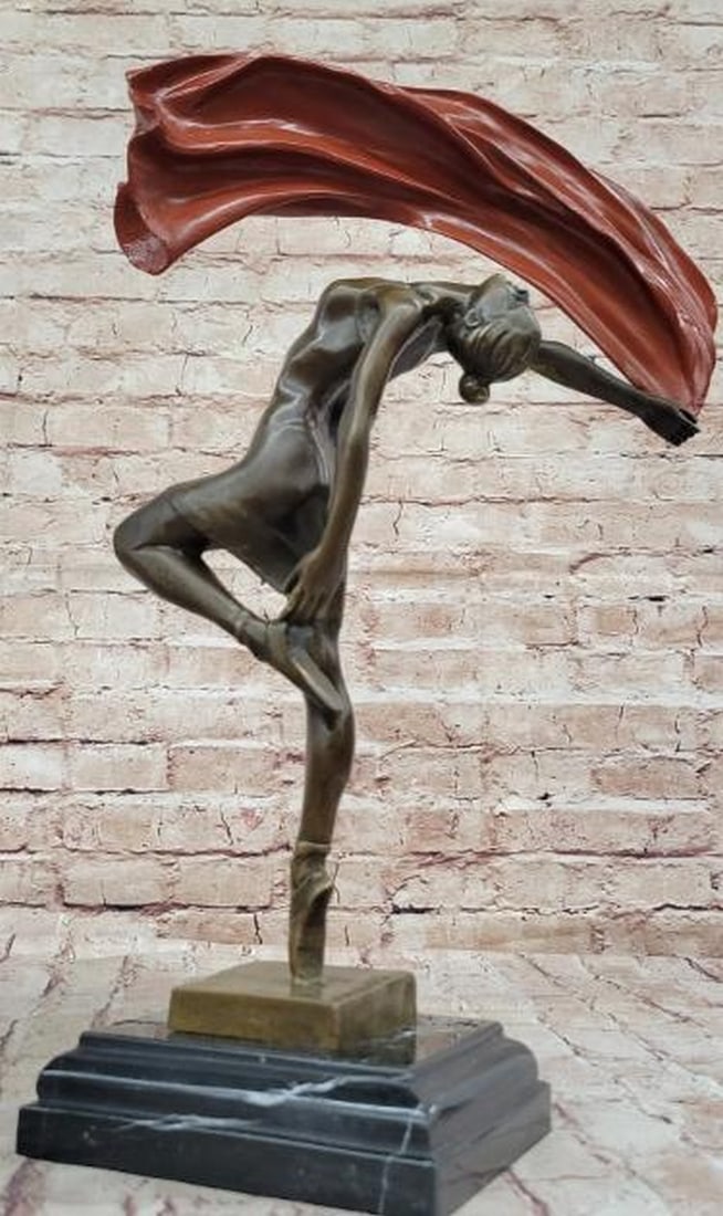 Arc of Elegance: Bronze Dancer with Red Patina Fabric: Arc of Elegance: Bronze Dancer with Red Patina Fabric This captivating bronze sculpture bearing the signature of artist Aldo Vitaleh showcases a female dancer in a stunning pose of strength and fluidi