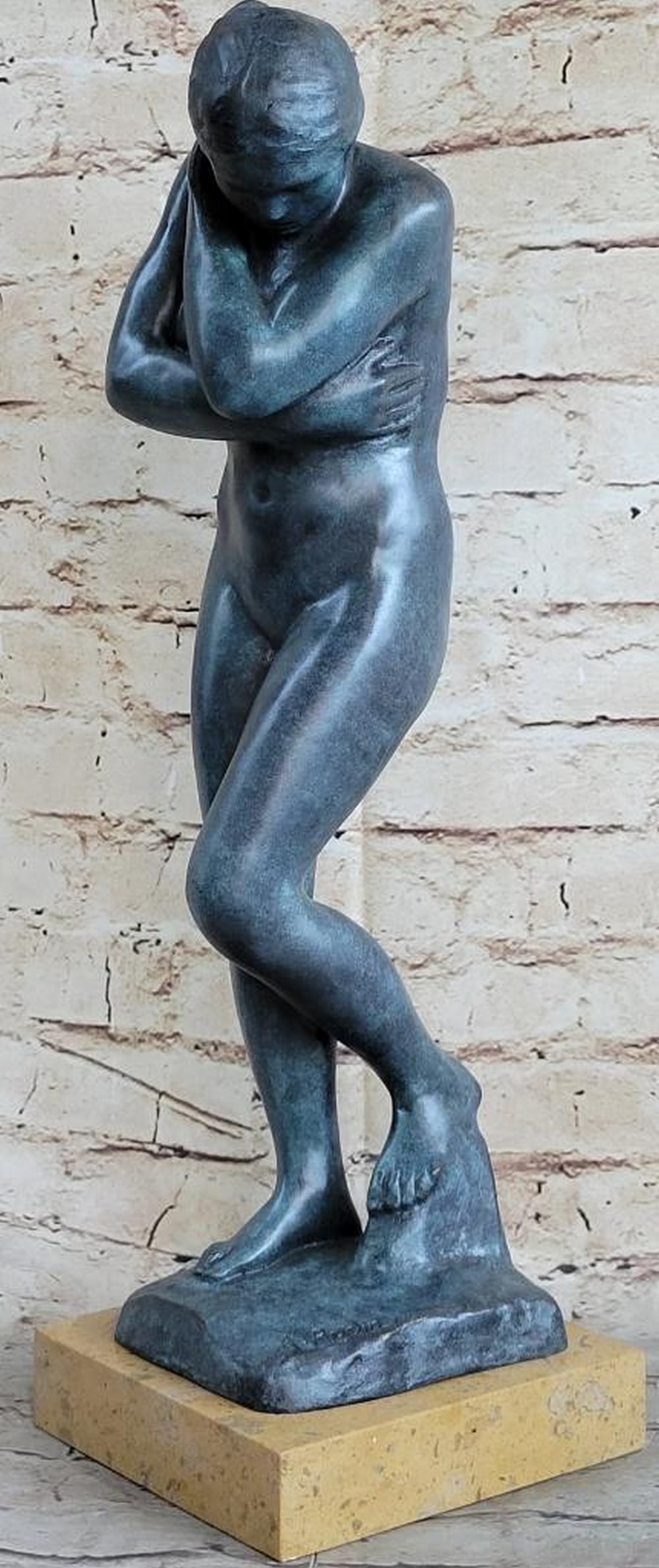 Rodin Inspired Green Patina Nude Shy Girl Bronze Sculpture - 18" x 5.5": Rodin Inspired Green Patina Nude Shy Girl Bronze Sculpture - 18" x 5.5" Cast commissioned by the French state for the Musée du Luxembourg in 1911, transferred to the Musée Rodin in 1918. In 