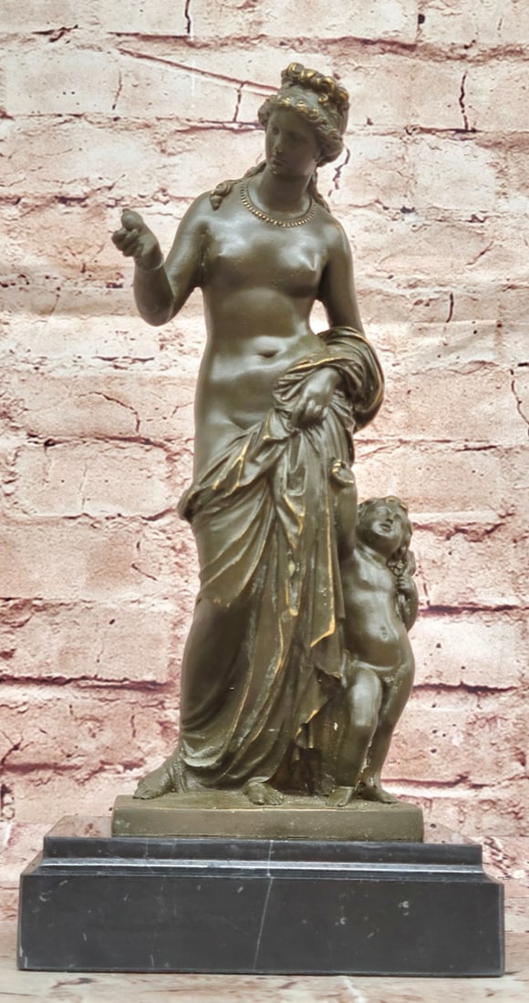 Roman Goddess Venus Original Bronze Statue - 11" x 5.5": Roman Goddess Venus Original Bronze Statue - 11" x 5.5" This refined bronze sculpture beautifully depicts Venus, the Roman goddess of love, alongside her playful son, Cupid. Venus stands with 
