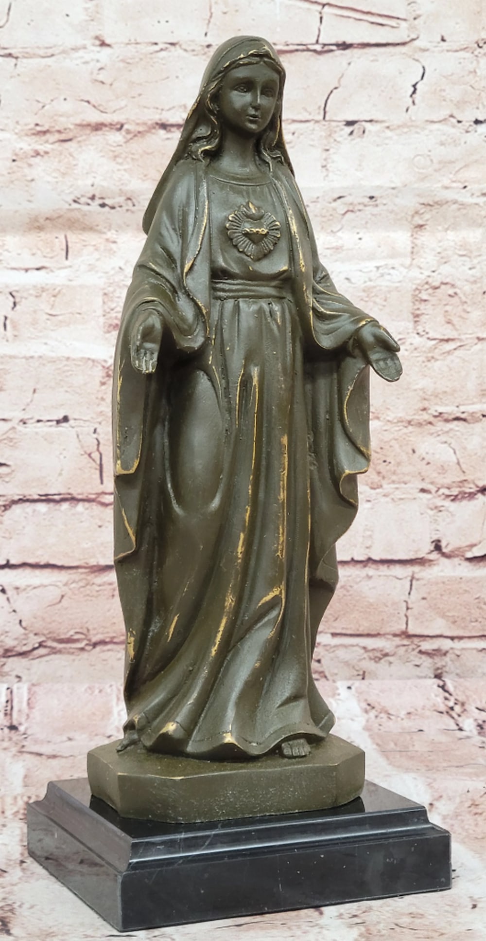 Heart of Mary Original Bronze Sculpture - 12.5" x 5": Heart of Mary Original Bronze Sculpture - 12.5" x 5" This handcrafted bronze sculpture of Our Lady Immaculate offers a reverent and graceful portrayal of the Virgin Mary. With arms gently outs