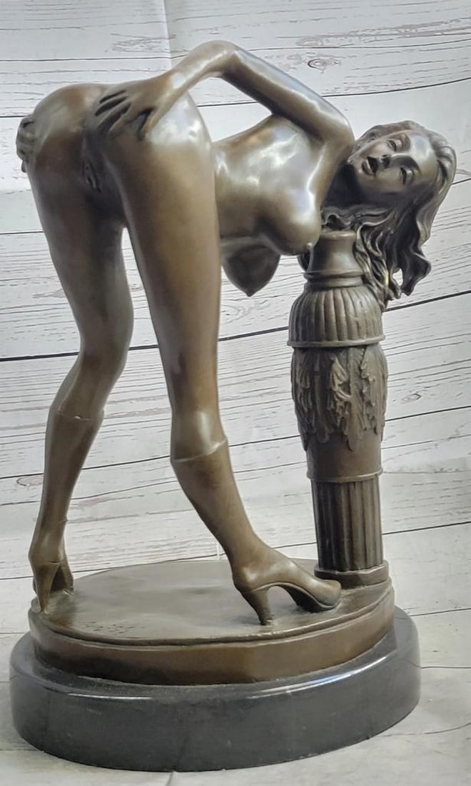 Erotic Woman Leaned On Inspired Bronze Sculpture by Preiss - 12.5" x 9": Erotic Woman Leaned On Inspired Bronze Sculpture by Preiss - 12.5" x 9" This provocative bronze sculpture boldly explores sensuality and eroticism, depicting a nude female figure in an evocati