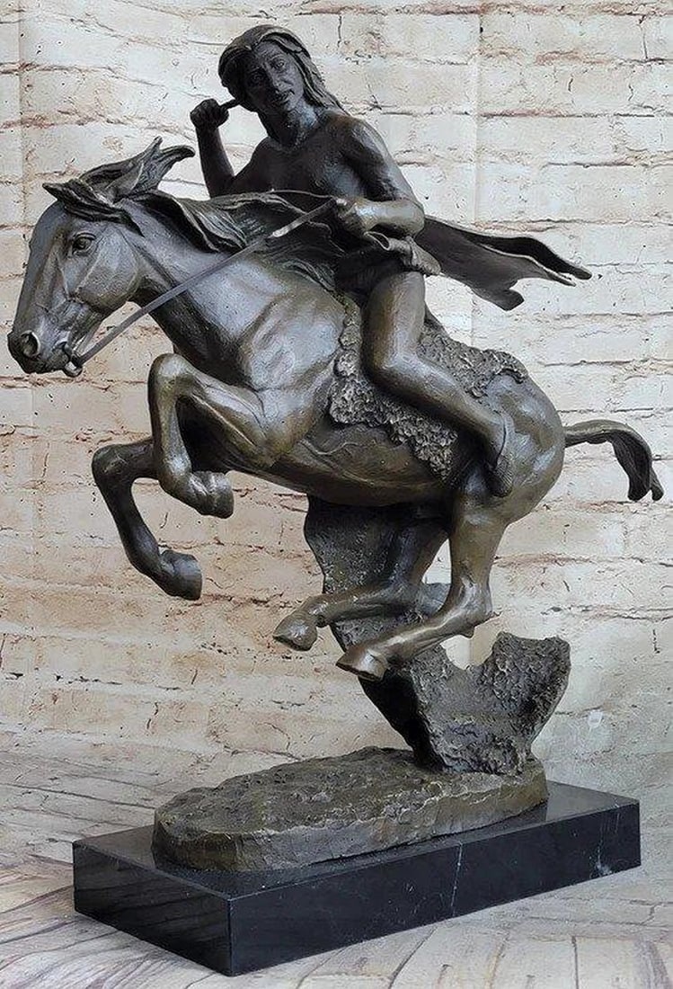 Cheyenne Native American Riding Horse Back Bronze Statue - 20" x 21": Cheyenne Native American Riding Horse Back Bronze Statue In a vibrant homage to the indomitable spirit of Native Americans, this bronze sculpture freezes a moment of high-stakes action—a Native Amer