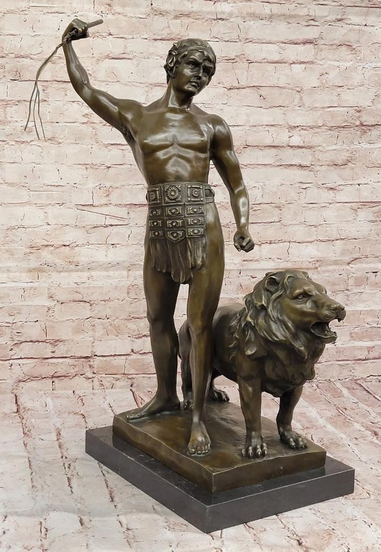 Roman Gladiator and Lion Bronze Sculpture by Debut – 30" x 20": Roman Gladiator and Lion Bronze Sculpture by Debut – 30" x 20" This large and striking bronze sculpture by renowned artist Debut depicts a Roman gladiator standing proudly beside a majestic 