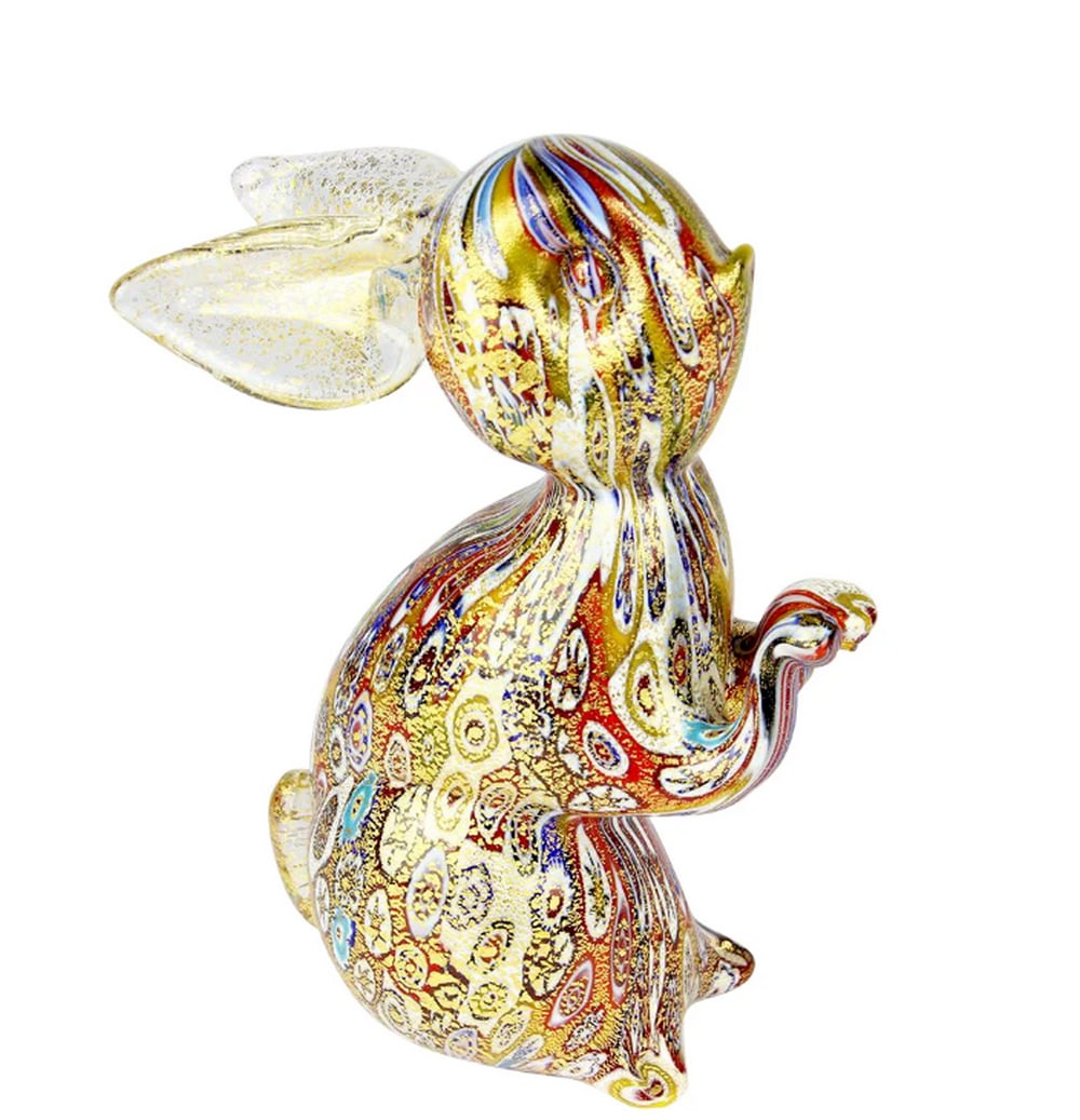 Rabbit Figurine in Murine Millefiori Gold – Handcrafted Murano Glass: Rabbit Figurine in Murine Millefiori Gold – Handcrafted Murano Glass This handcrafted Murano glass rabbit figurine features vibrant Millefiori murrine combined with 24kt gold accents, creating a det