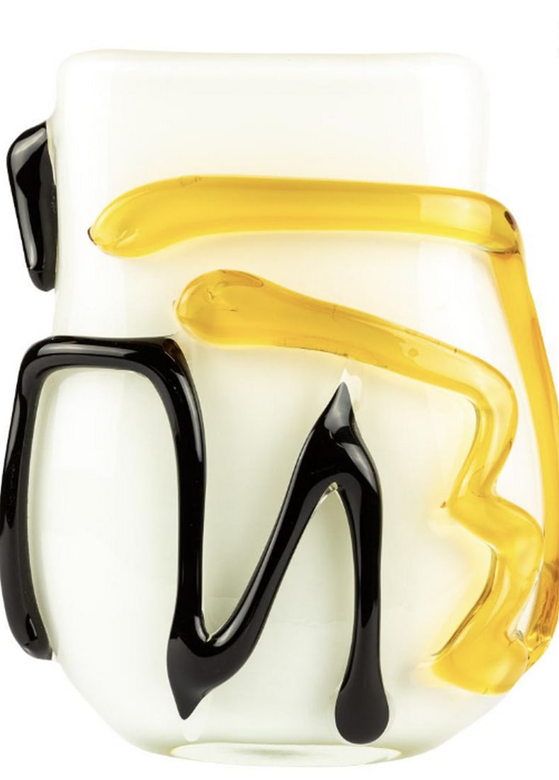 Honey Vase: Blown Glass in Original Murano Style: Honey Vase: Blown Glass in Original Murano Style Handmade blown vase in white with amber details. This colorful piece is ideal for brightening up spring décor or enhancing a table set with a dark tab