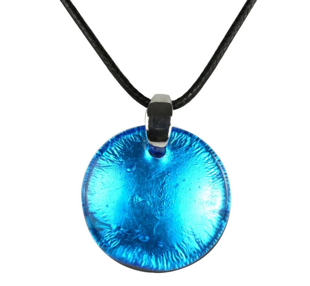 Light Blue & Silver Venetian Glass Pendant Necklace: Light Blue & Silver Venetian Glass Pendant Necklace Handcrafted Murano glass pendant featuring a silver leaf encased in submerged glass, offering a simple yet unique style. A perfect gift for any 