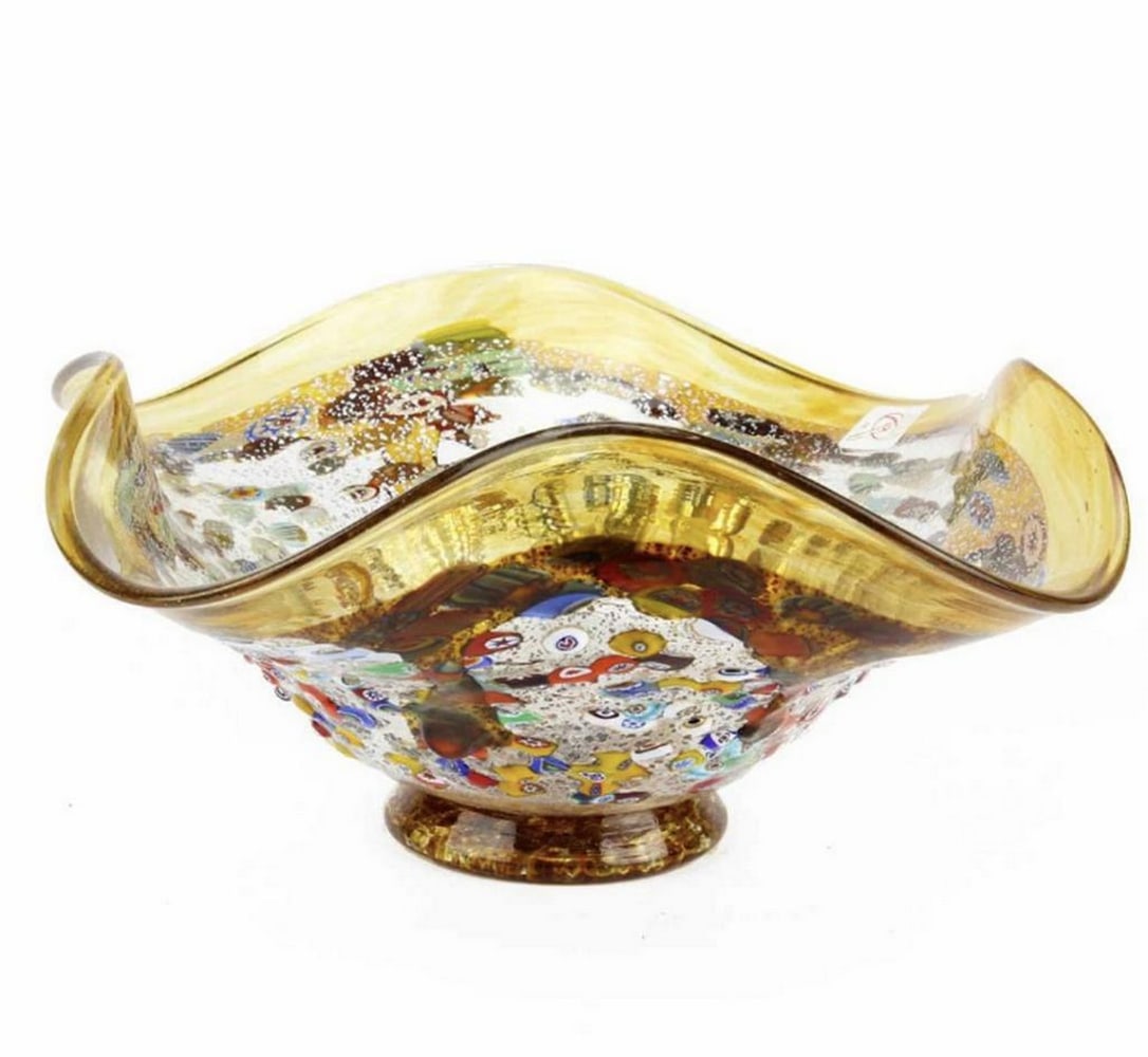 Amber Goccia Bowl Centerpiece – Murano Glass with Millefiori: Amber Goccia Bowl Centerpiece – Murano Glass with Millefiori Hand-blown Murano glass bowl crafted by our Venetian master artisan. Adorned with millefiori accents and real silver leaf, this elegant c