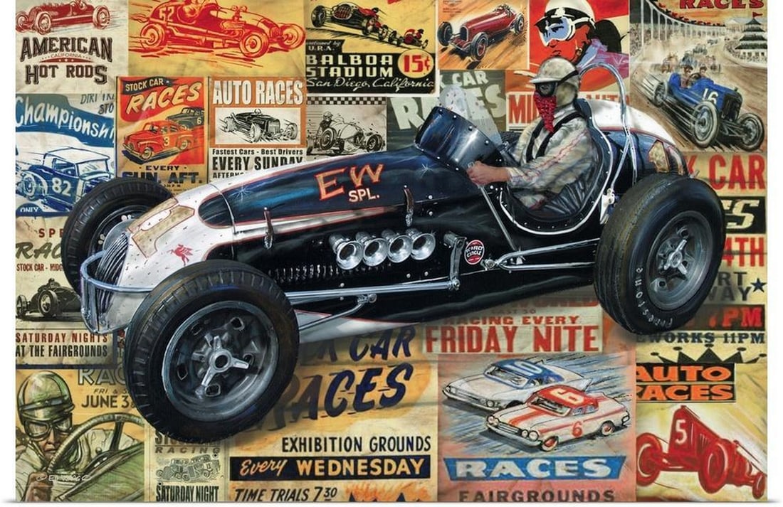 Vintage Stock Car Racing Vintage Poster Print: Vintage Stock Car Racing Vintage Poster Print "Vintage Stock Car Racing" is a dynamic poster print by Ed Wargo that celebrates the golden era of classic motorsport. This poster print captures 