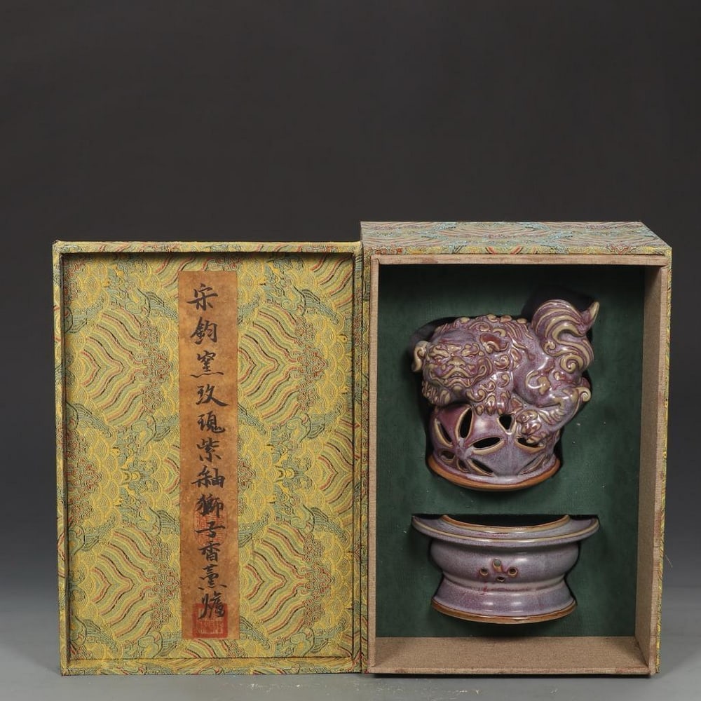Song Jun Kiln Inspired Purple Glaze Lion Incense Burner: Song Jun Kiln Inspired Purple Glaze Lion Incense Burner Inspired by the revered Song Dynasty Jun kiln, this aromatherapy burner captures the spirit of imperial refinement and spiritual tranquility. Th