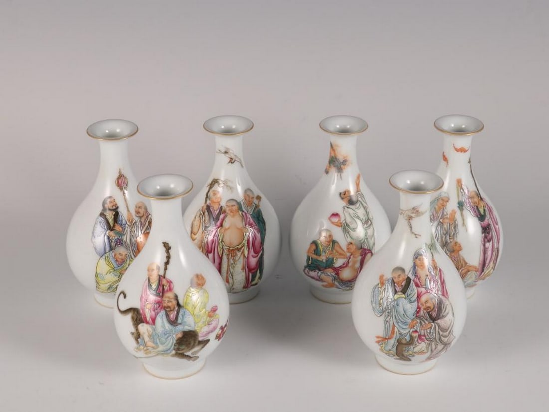 Qing Qianlong Inspired Enamel Eighteen Arhats Vase Set: Qing Qianlong Inspired Enamel Eighteen Arhats Vase Set Inspired by the majestic artistry of the Qing Dynasty Qianlong period, this extraordinary six-piece vase set exemplifies imperial devotion to bot