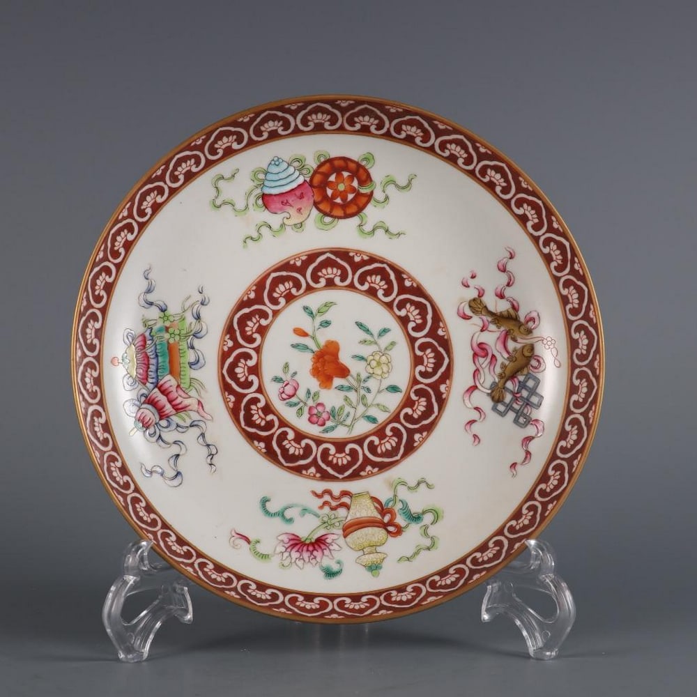 Qing Daoguang Inspired Famille Rose Eight Treasures Floral Appreciation Plate: Qing Daoguang Inspired Famille Rose Eight Treasures Floral Appreciation Plate Inspired by the elegant artistry of the Qing Dynasty Daoguang period, this famille rose appreciation plate celebrates both