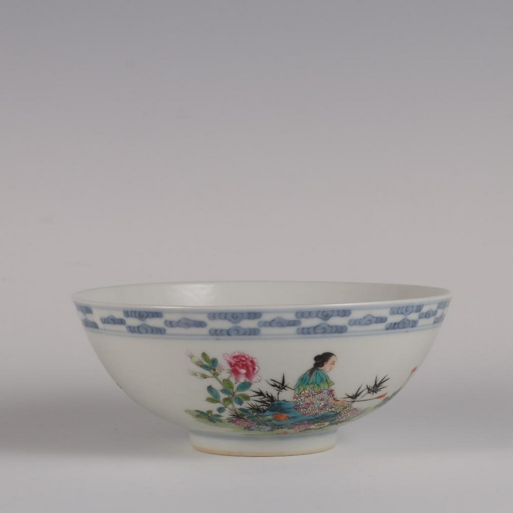 Qing Dynasty Yongzheng Year Inspired Blue and White with Famille Rose Magu Hongfu Bowl: Qing Dynasty Yongzheng Year Inspired Blue and White with Famille Rose Magu Hongfu Bowl A finely crafted porcelain bowl inspired from the Yongzheng period (1723–1735) of the Qing Dynasty, combining t