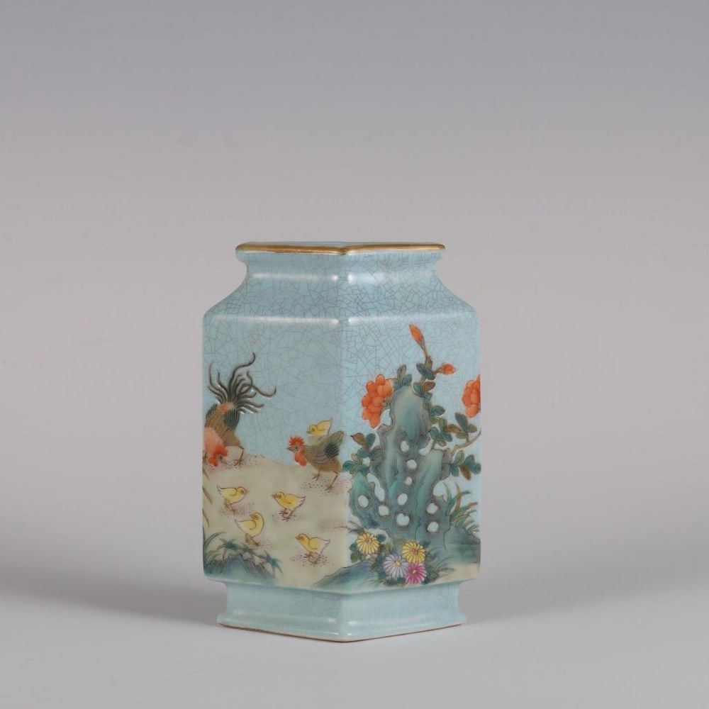 Qianlong Period–Inspired Qing Dynasty Turquoise Green Famille Rose “Happy Family?? Square: Qianlong Period–Inspired Qing Dynasty Turquoise Green Famille Rose “Happy Family” Square Bottle An inspired square porcelain bottle in the style of the Qianlong period (1736–1795) of the Q