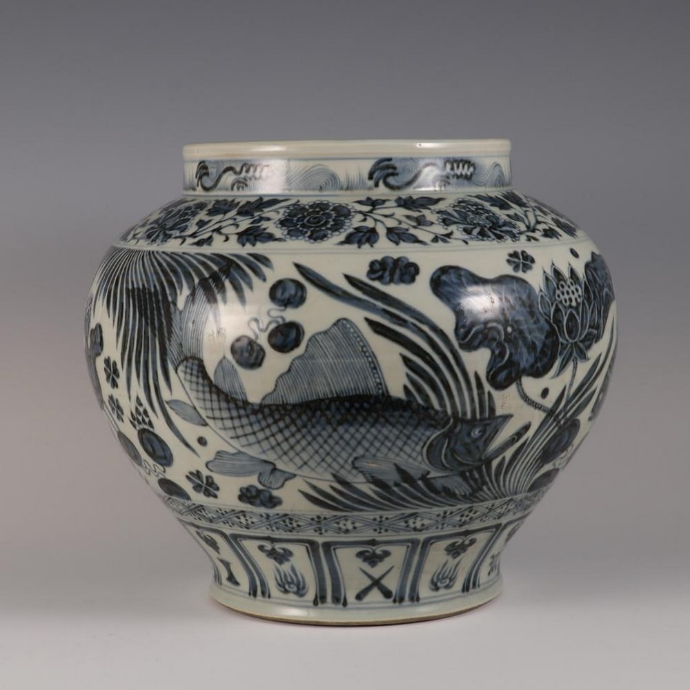Yuan Dynasty Inspired Large Jar with Mackerel and Algae Motif: Yuan Dynasty Inspired Large Jar with Mackerel and Algae Motif An inspired large ceramic jar in the style of the Yuan Dynasty (1271–1368), featuring a rare and expressive depiction of mackerel swimmi
