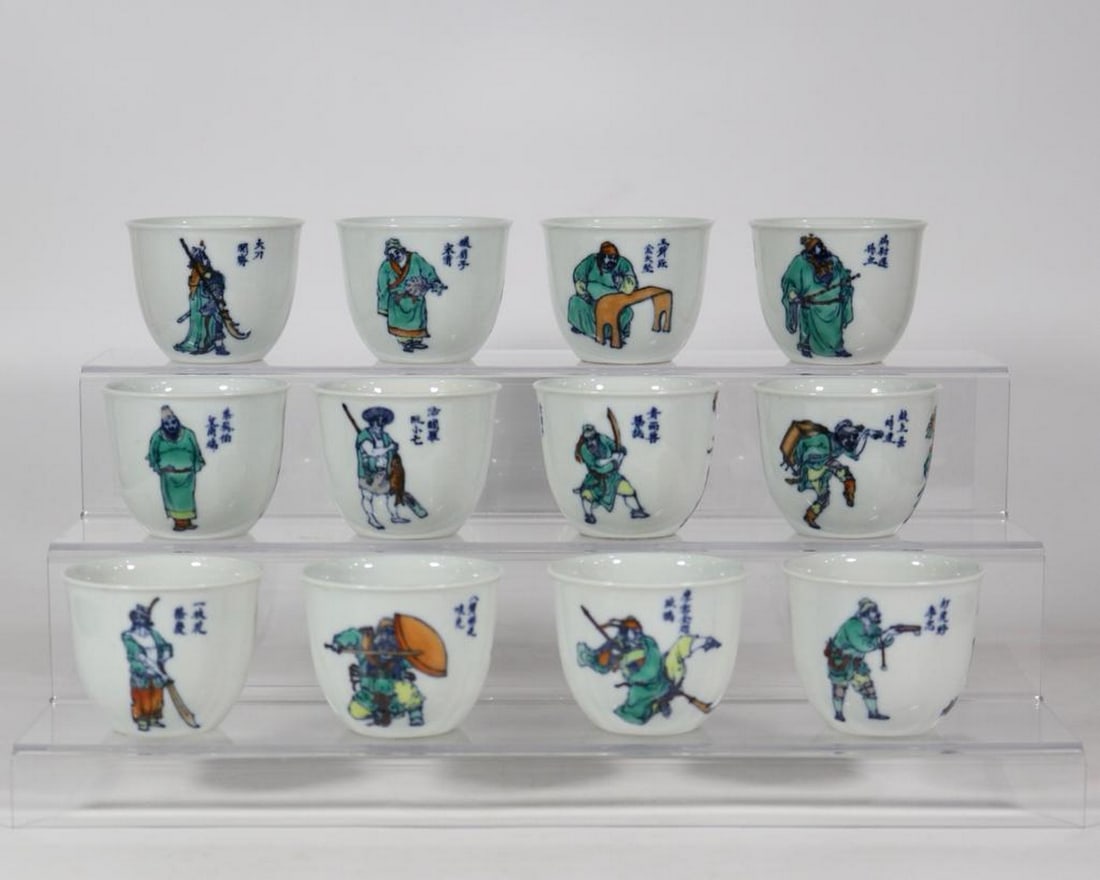 Inspired Qing Qianlong Doucai Cylinder Cups Set – 108 Classic Chinese Figures (36 Pieces): Inspired Qing Qianlong Doucai Cylinder Cups Set – 108 Classic Chinese Figures (36 Pieces) An exceptional set of 36 cylinder cups inspired from the Qing Qianlong period, each cup meticulously hand-pa