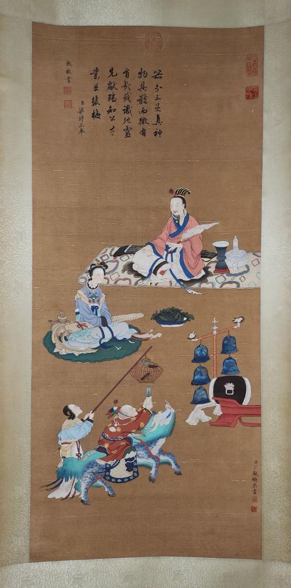 Inspired Ding Guanpeng Handpainted Figures Story Silk Scroll: Inspired Ding Guanpeng Handpainted Figures Story Silk Scroll A beautifully handpainted silk scroll inspired by renowned Qing dynasty artist Ding Guanpeng, depicting intricate scenes of traditional fig