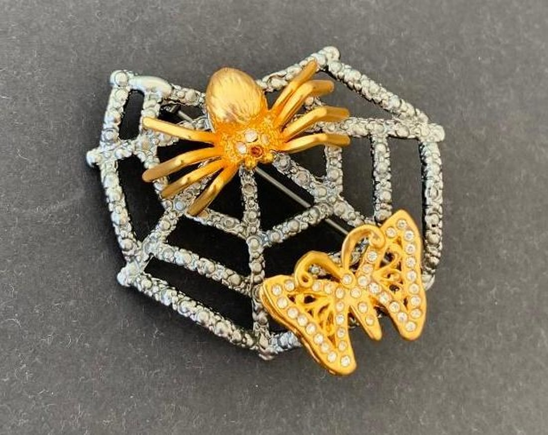Silver-Toned Web Brooch: Silver-Toned Web Brooch A striking silver-toned brooch designed in the shape of a delicate spider web, beautifully accented with a gold-tone spider and butterfly. This unique piece blends whimsical ch