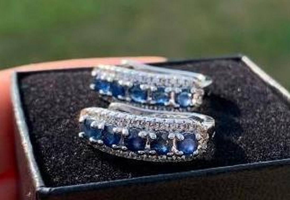 Whispers of Blue: Sterling Silver Earrings with Blue Stones: Whispers of Blue: Sterling Silver Earrings with Blue Stones Elegant and timeless, these sterling silver earrings feature a stunning row of five rich blue stones that capture the light with every movem
