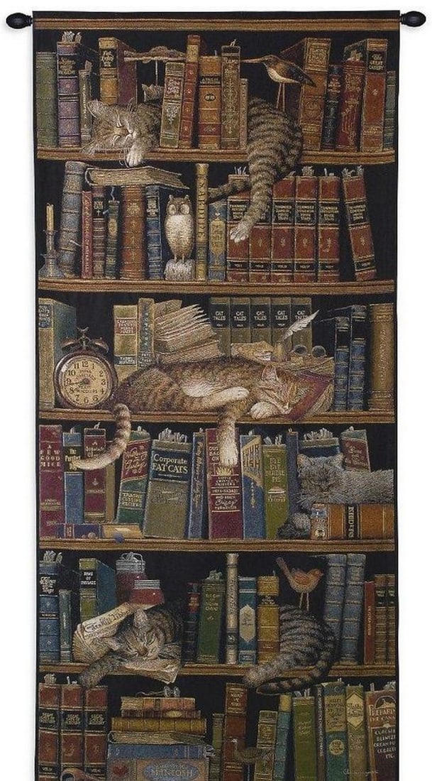 Classic Tails Library Cats Wall Tapestry: Classic Tails Library Cats Wall Tapestry This wall tapestry depicts four cats sleeping peacefully among books in a library setting. Inspired by the work of Charles Wysocki, the composition gives each 