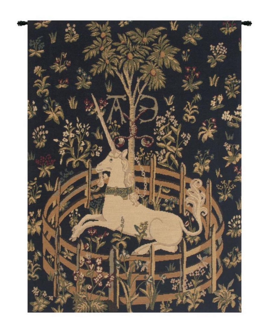 Mystical Unicorn: Captivity European Wall Tapestry: Mystical Unicorn: Captivity European Wall Tapestry This Belgian jacquard woven wall tapestry is inspired by the late 15th-century medieval series The Hunt of the Unicorn (Chasse à la Licorne), now at